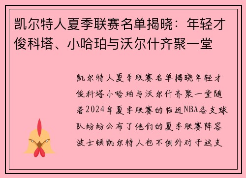 凯尔特人夏季联赛名单揭晓：年轻才俊科塔、小哈珀与沃尔什齐聚一堂